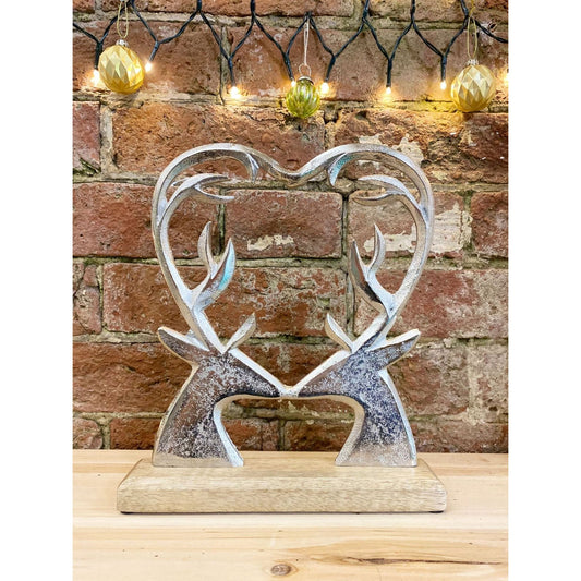 Silver Metal Heart Shape Deer On Wood Base - Ashton and Finch