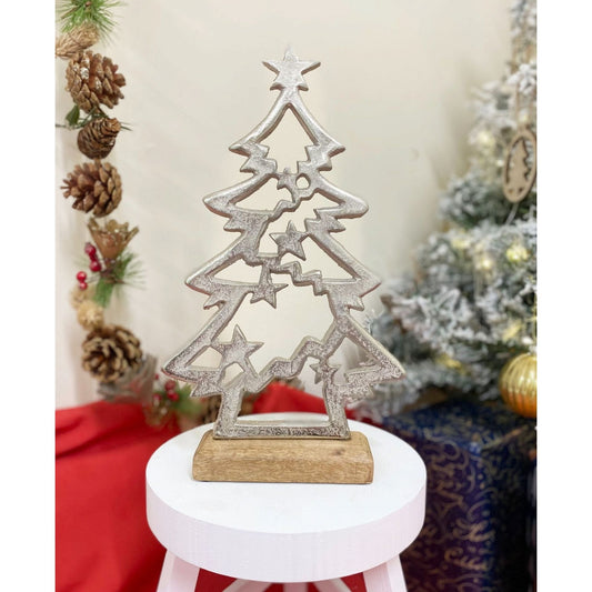 Silver Christmas Tree & Stars On Wooden Base - Ashton and Finch