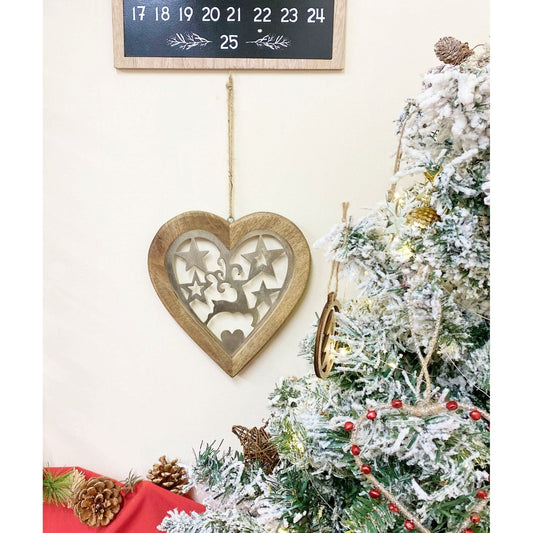 Large Wood Hanging Heart With Metal Reindeer & Stars - Ashton and Finch