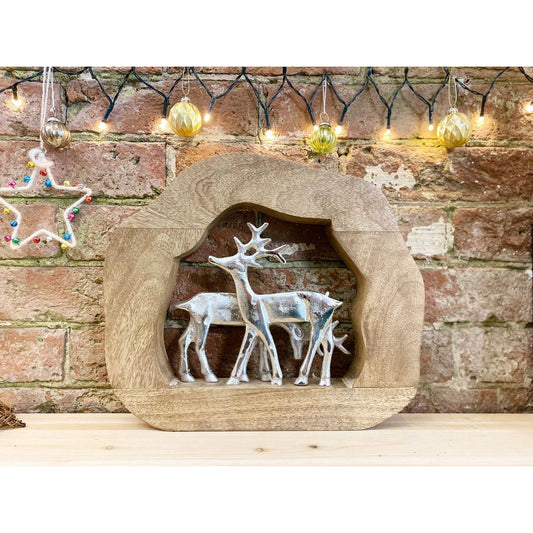 Wooden Log With Silver Metal Reindeers - Ashton and Finch