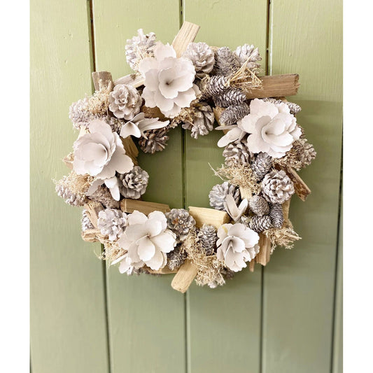 White Flowers & Pinecone Frosted Wreath - Ashton and Finch