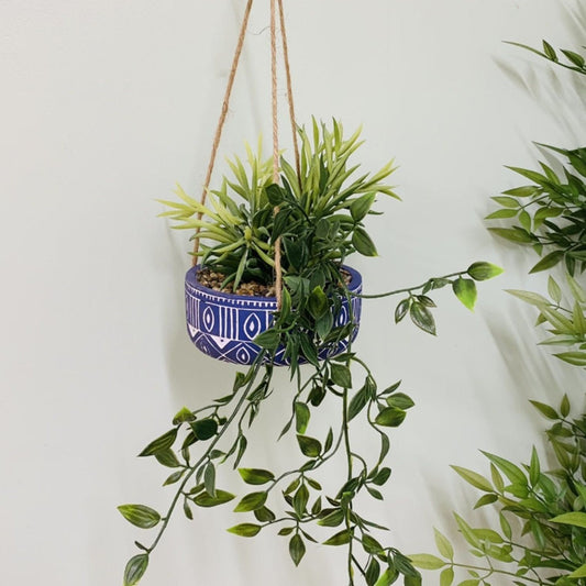 Blue Ceramic Hanging Pot with Plants - Ashton and Finch