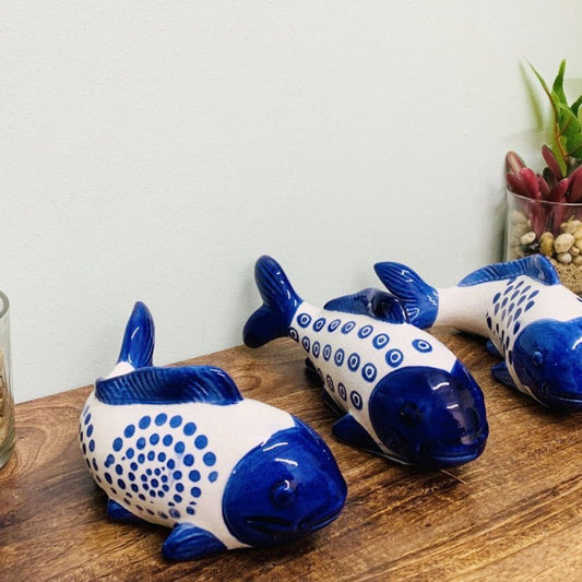 Set of 3 Blue Koi Fish Ceramic Ornaments Willow Design - Ashton and Finch