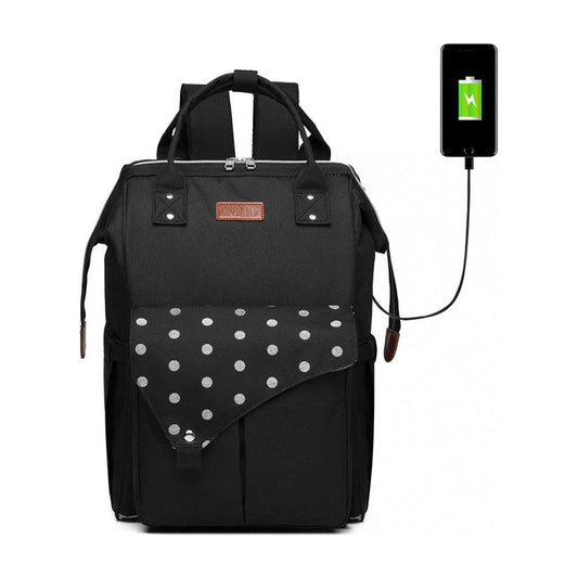 Polka Dot Maternity Backpack Bag With Usb Connectivity - Black - Ashton and Finch