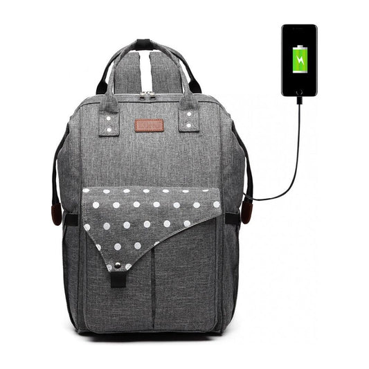 Polka Dot Maternity Backpack Bag With Usb Connectivity - Grey - Ashton and Finch