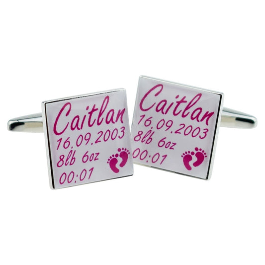 Bespoke Personalised New Baby Girl Details Pink Themed Cufflinks - Ashton and Finch