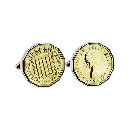 Rhodium Plated Cufflinks with Polished Pre Decimal Thrupenny Bit Coin - Ashton and Finch