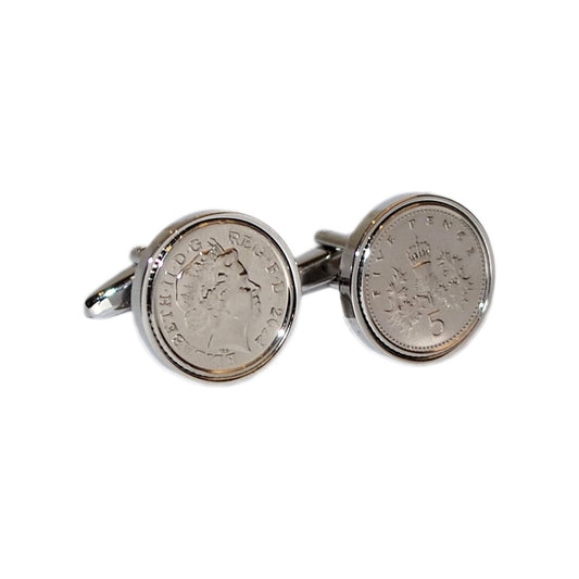 Rhodium Plated Cufflinks with Polished Decimal Five Penny Coin - Ashton and Finch