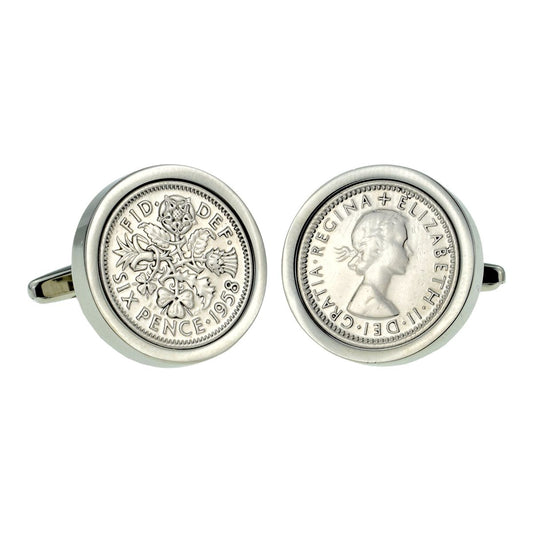 Genuine Polished Silver Lucky Sixpence in Rhodium Plated Cufflinks - Ashton and Finch