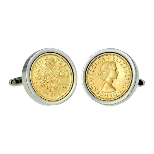 Gold Plated Sixpence in Rhodium Plated Cufflinks - Ashton and Finch