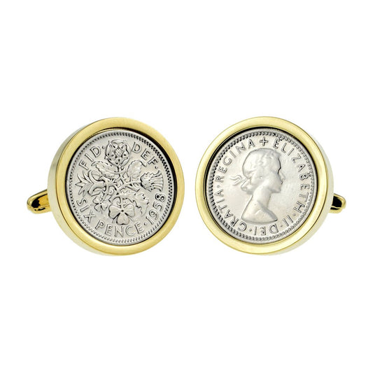 Genuine Polished Silver Lucky Sixpence in Gold Plated Cufflinks - Ashton and Finch