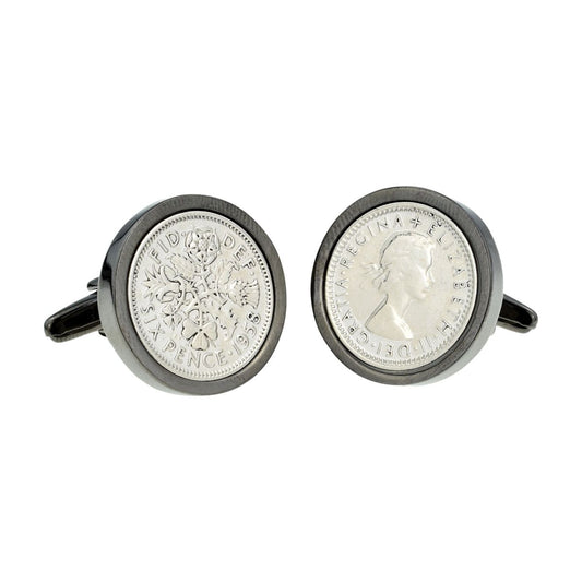 Polished Silver Sixpence in Gunmetal Finish Cufflinks - Ashton and Finch
