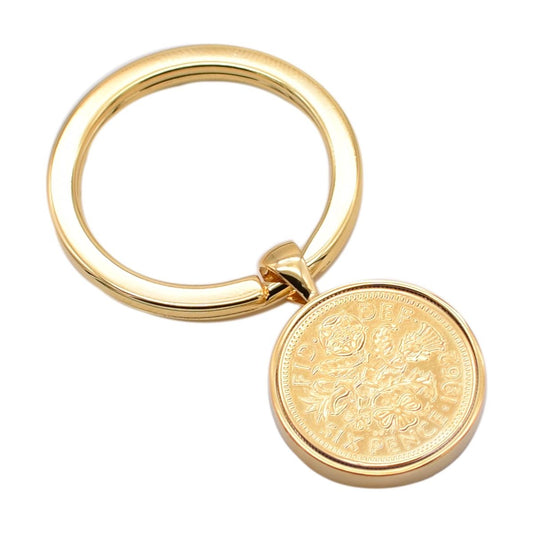 Gold Keyring with Gold Polished Lucky Sixpence Engraved and Personalised - Ashton and Finch