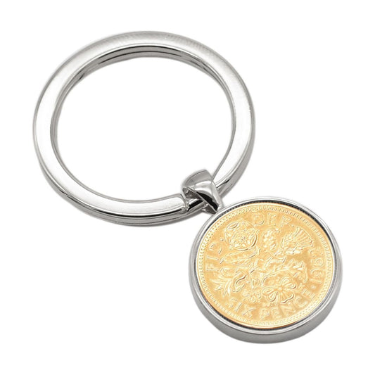 Silver Keyring with Gold Polished Lucky Sixpence Engraved and Personalised - Ashton and Finch