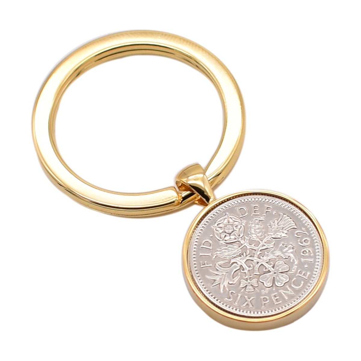 Gold Keyring with Polished Lucky Sixpence Engraved and Personalised - Ashton and Finch