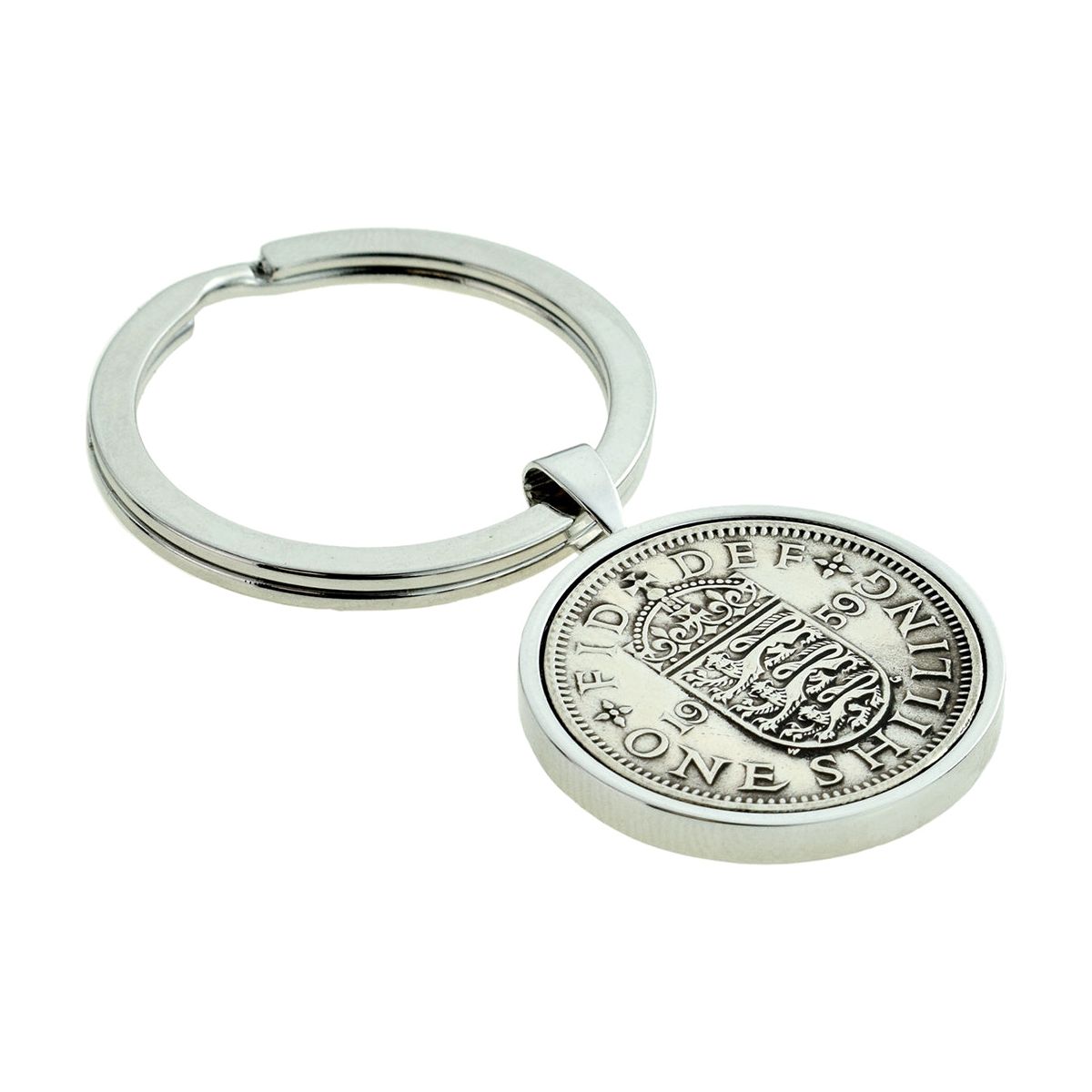 Silver Keyring with Polished Shilling Coin Engraved and Personalised - Ashton and Finch