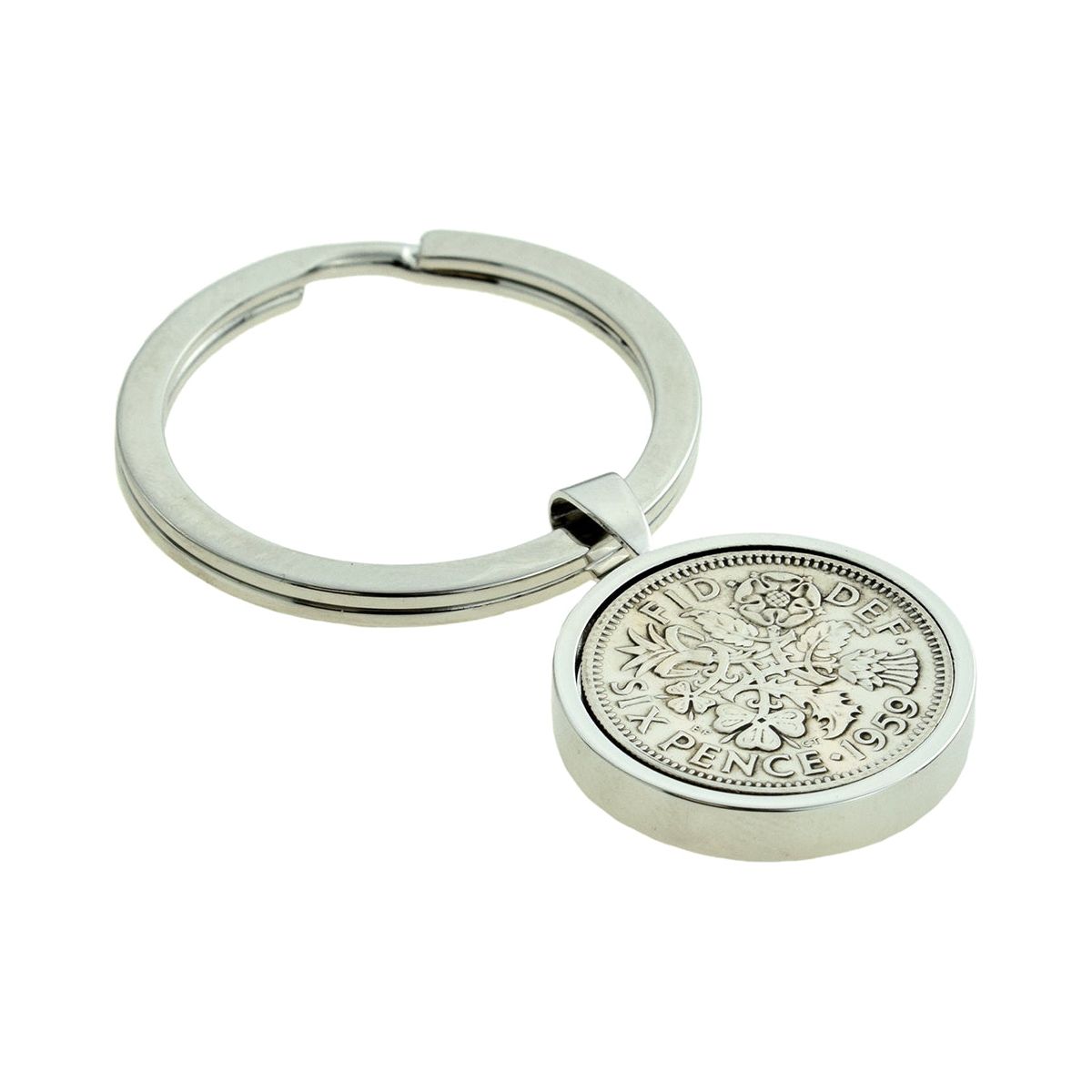 Silver Keyring with Polished Lucky Sixpence Engraved and Personalised - Ashton and Finch
