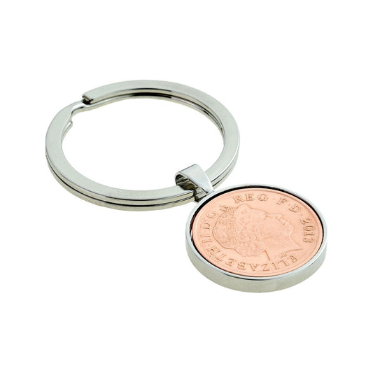 Silver Keyring with Polished Decimal One Penny 1p Piece Engraved and Personalised - Ashton and Finch