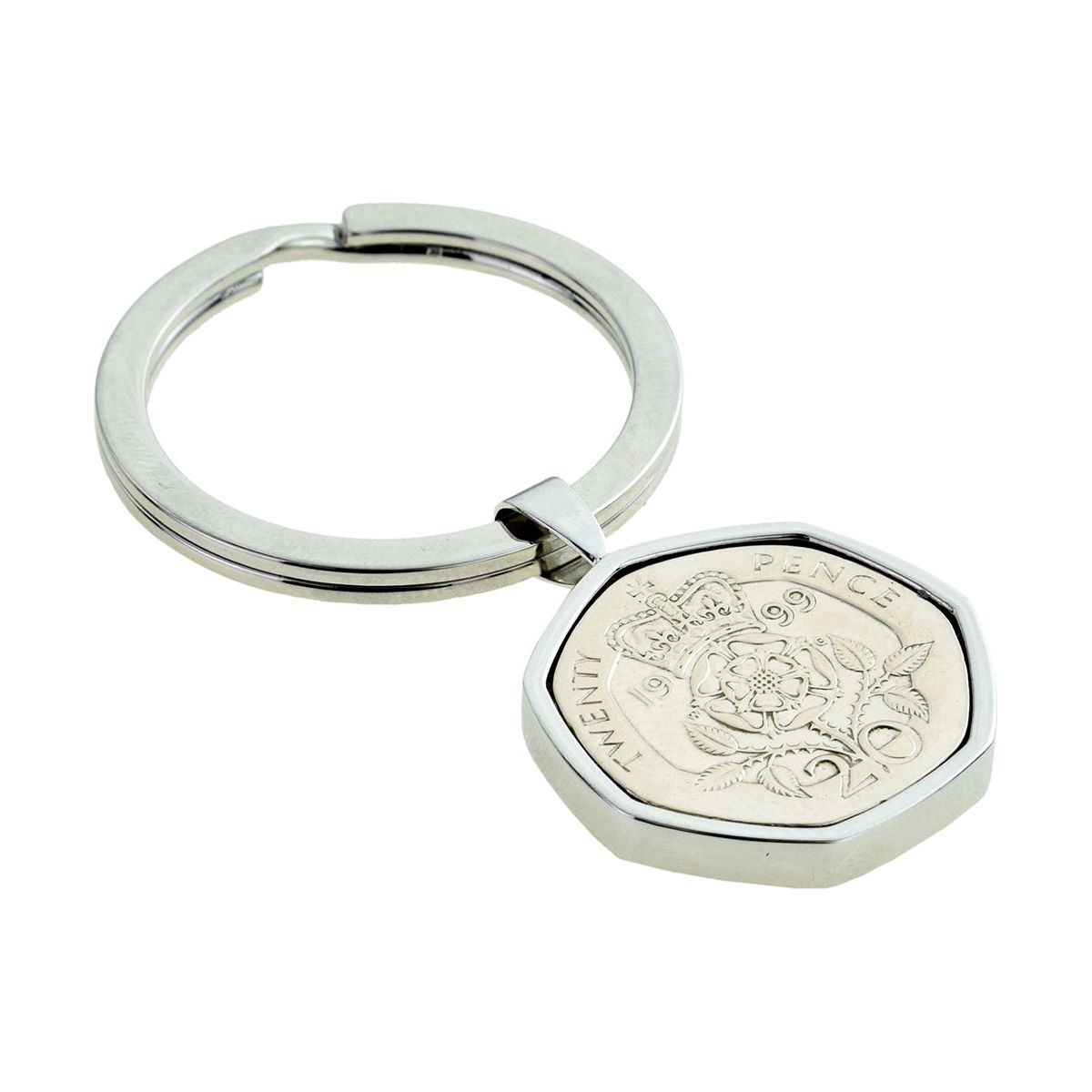 Silver Keyring With Polished Twenty Pence 20p Coin Engraved and Personalised - Ashton and Finch
