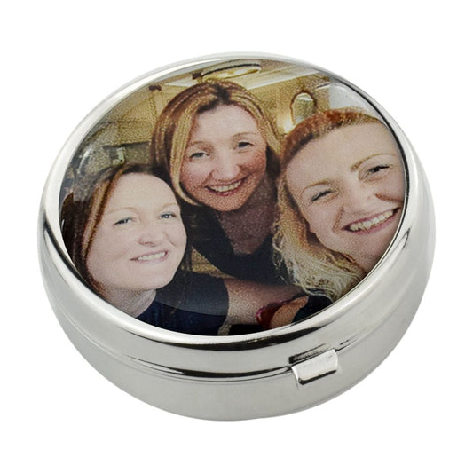 Personalised Rhodium Plated Round Pill Pot With Optional Photo - Ashton and Finch