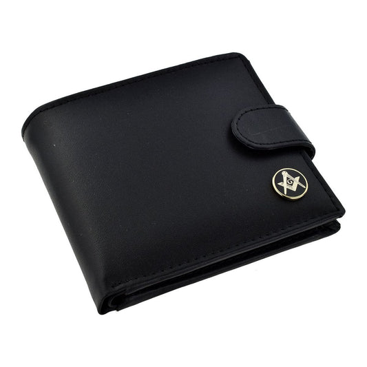 Black Leather Wallet with Black Masonic Coin Design (Gold with G) - Ashton and Finch