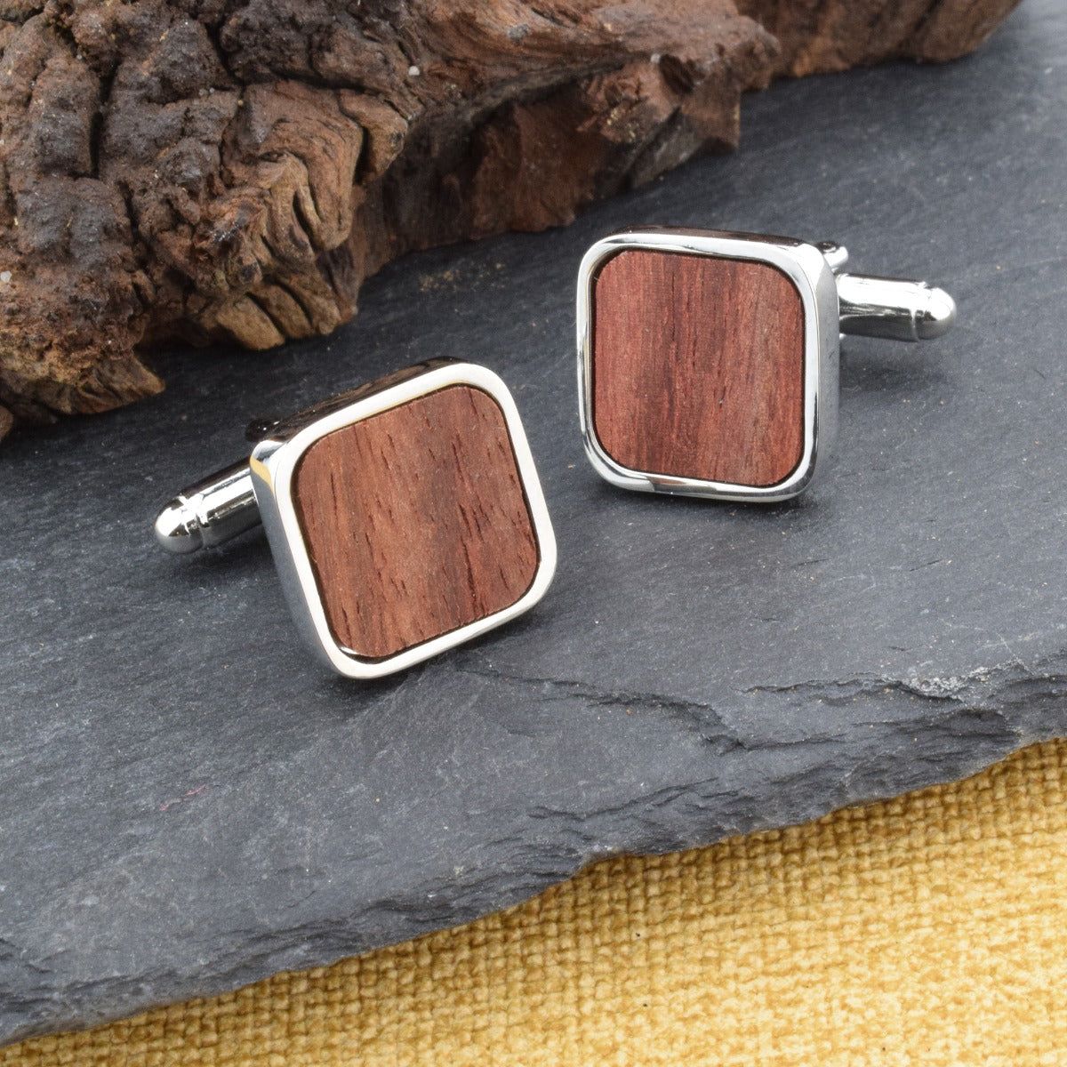 Rhodium Plated with Wooden insert design Cufflinks - Ashton and Finch