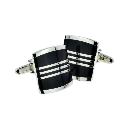 Silver Striped Black Enamelled Classic Cufflinks - Ashton and Finch
