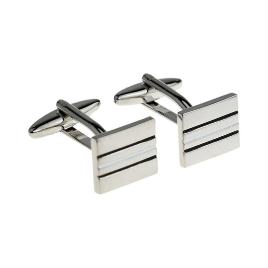 Rhodium Plated Cufflinks with thin white and black lines . - Ashton and Finch