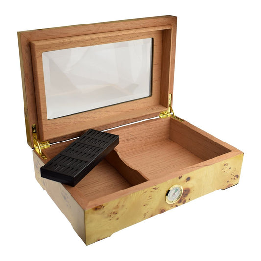 Burl Maple Window Humidor 50 Size Outside Dial Hygrometer & Humidifier Pad - Ashton and Finch