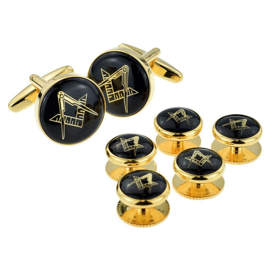 Black & Gold Enamelled Masonic Cufflinks & 5 Button Stud Set - Ashton and Finch