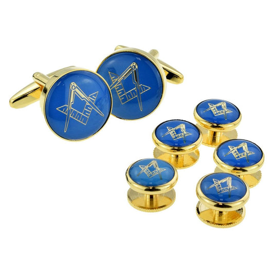 Blue & Gold Enamelled Masonic Cufflinks & 5 Button Stud Set - Ashton and Finch
