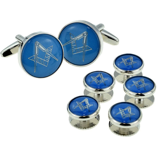 Blue & Silver Enamelled Masonic Cufflinks & 5 Button Stud Set - Ashton and Finch