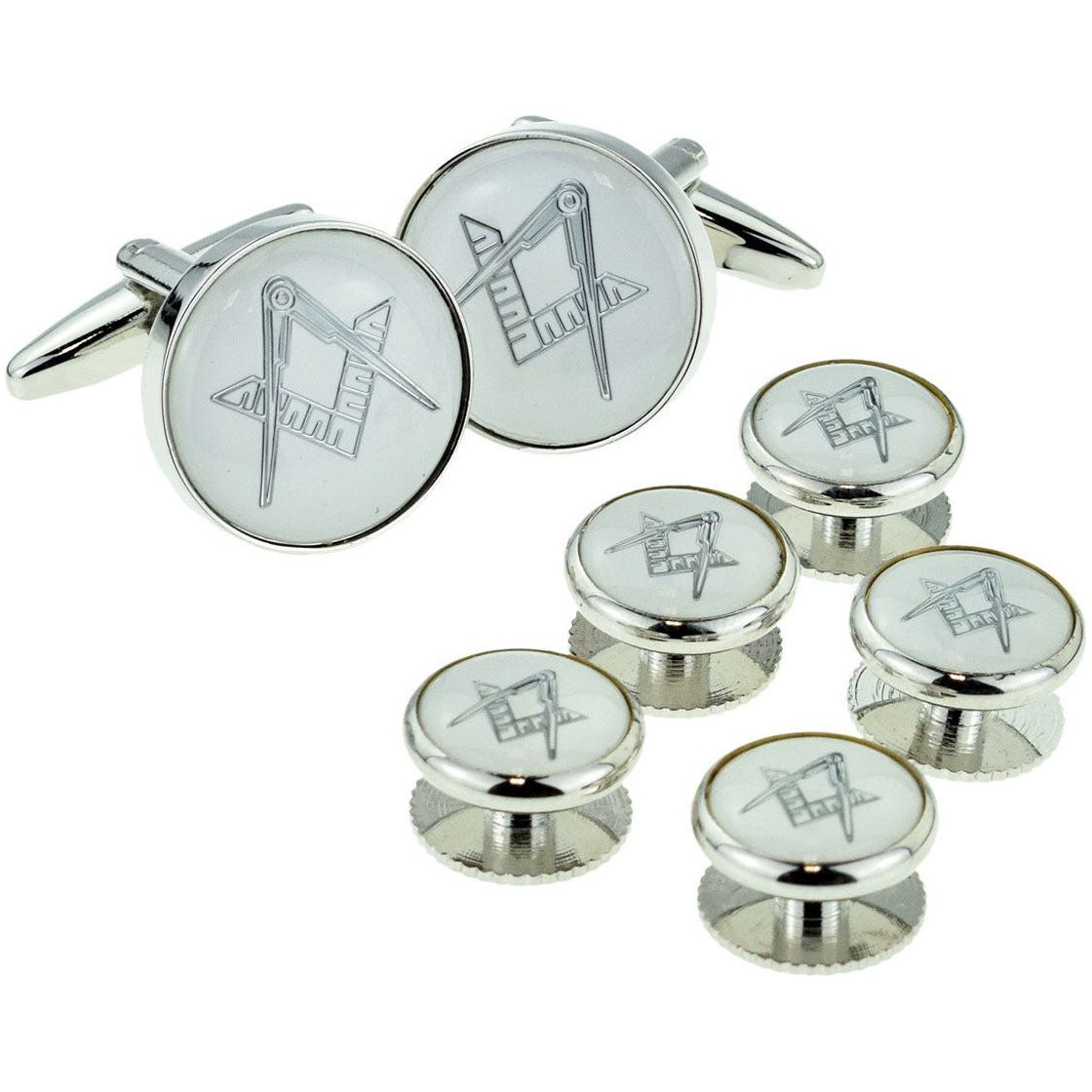 White & Silver Enamelled Masonic Cufflinks & 5 Button Stud Set - Ashton and Finch