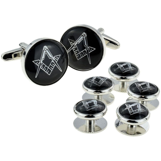 Black & Silver Enamelled Masonic Cufflinks & 5 Button Stud Set - Ashton and Finch