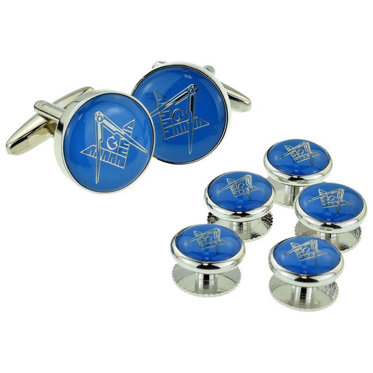Blue & Silver Enamelled Masonic Cufflinks with G & Button Stud Set - Ashton and Finch