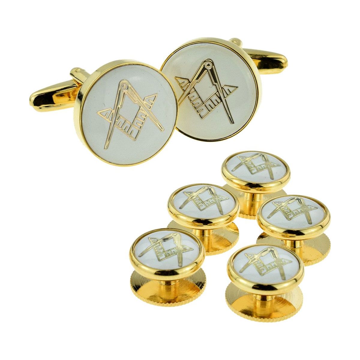 White & Gold Enamelled Masonic Cufflinks & 5 Button Stud Set - Ashton and Finch