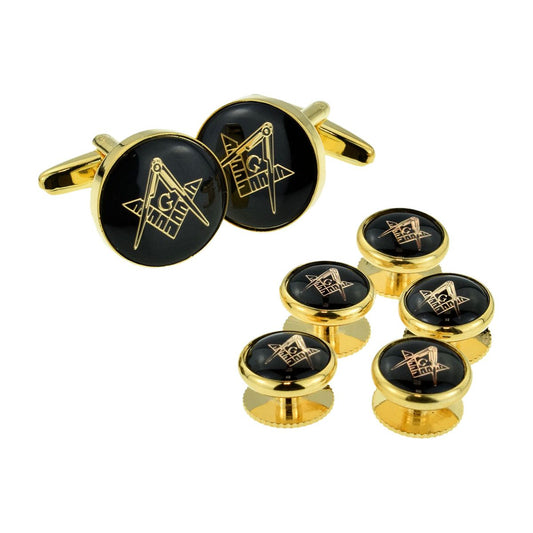 Black & Gold Enamelled Masonic Cufflinks with G & 5 Button Stud Set - Ashton and Finch