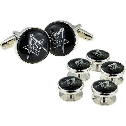 Black & Silver Enamelled Masonic Cufflinks with G & 5 Button Stud Set - Ashton and Finch