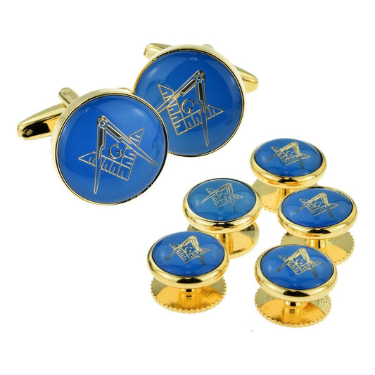 Blue & Gold Enamelled Masonic Cufflinks with G & 5 Button Stud Set - Ashton and Finch
