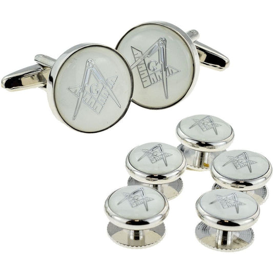 White & Silver Enamelled Masonic Cufflinks with G & 5 Button Stud Set - Ashton and Finch