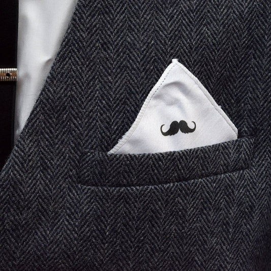 Curly Tipped Moustache Design White Pocket Square - Ashton and Finch