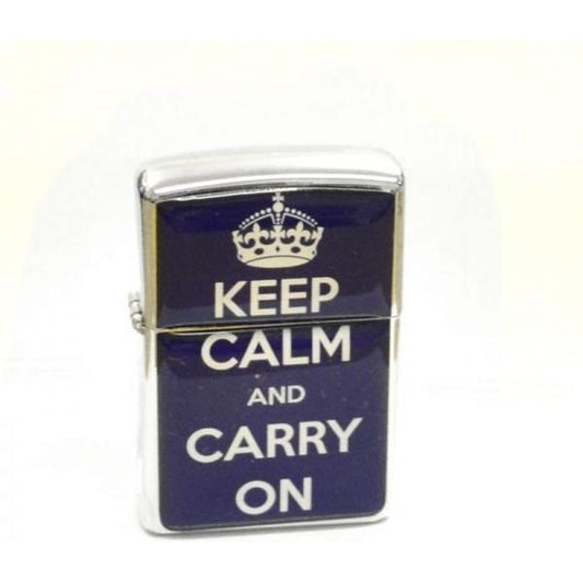 Engraved Keep Calm and Carry On Dark Blue Petrol Lighter - Ashton and Finch