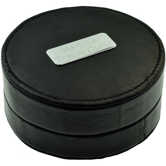 Round Black Leather Travel Cufflinks Case with personalised Engraved Message - Ashton and Finch