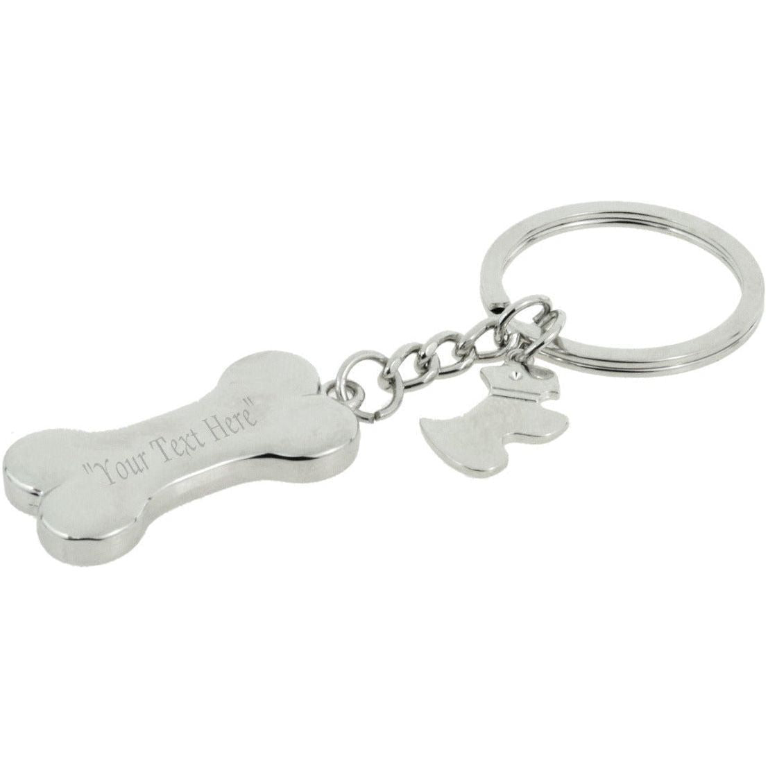 Rhodium Plated Bone and Scottie Dog Silver Finish Keyring Engraved and Personalised - Ashton and Finch