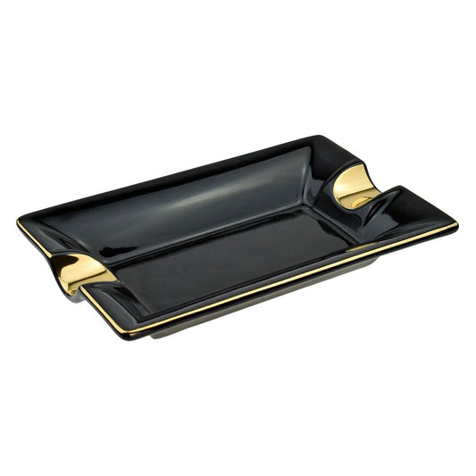 Cigar Ashtray Two Position Ceramic Black And Gold Colour Approx 18 x 12cm Boxed (1) - Ashton and Finch